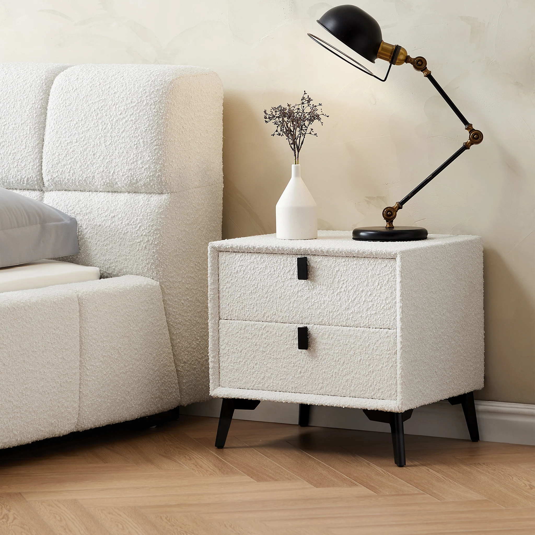 Cushy Boucle Fabric Nightstand - Soft-Touch Bedside Table with Drawer in Textured Boucle Upholstery - Image 4
