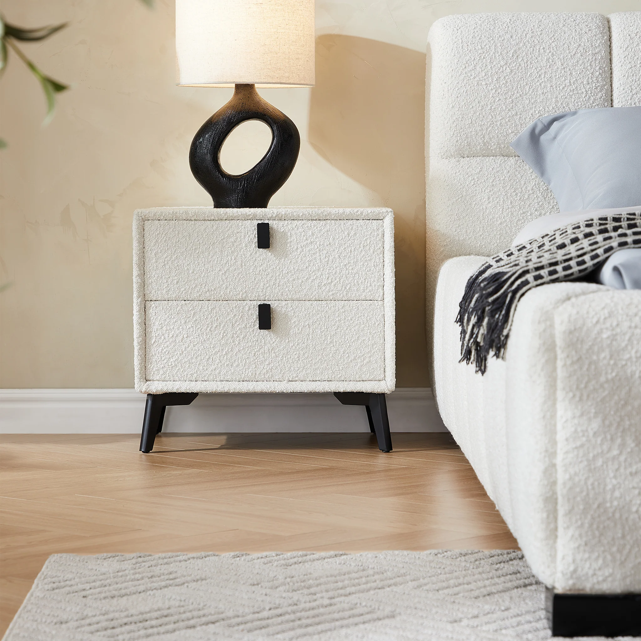 Cushy Boucle Fabric Nightstand - Soft-Touch Bedside Table with Drawer in Textured Boucle Upholstery - Image 5